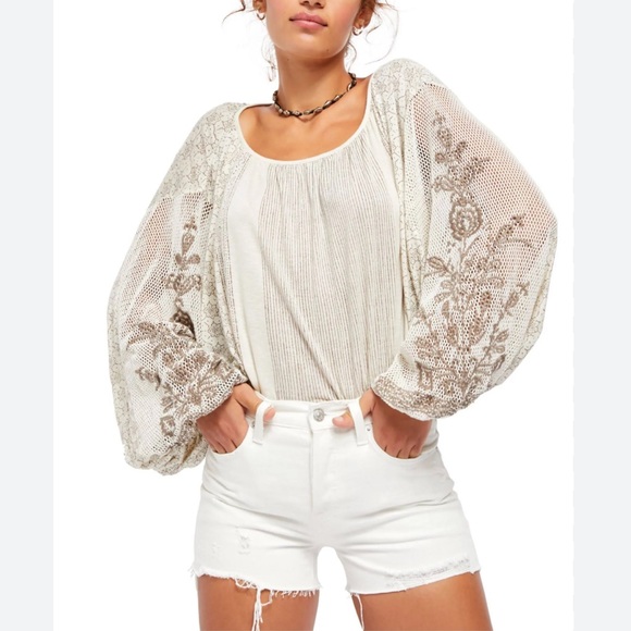 Free People Indigo Dreams Tunic - Cream and Tan Crochet Embroidered Medium M - Picture 2 of 9